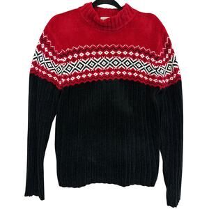 Vintage Carolyn Taylor XL Black Red Fair Isle Long Sleeve Acrylic Knit Sweater
